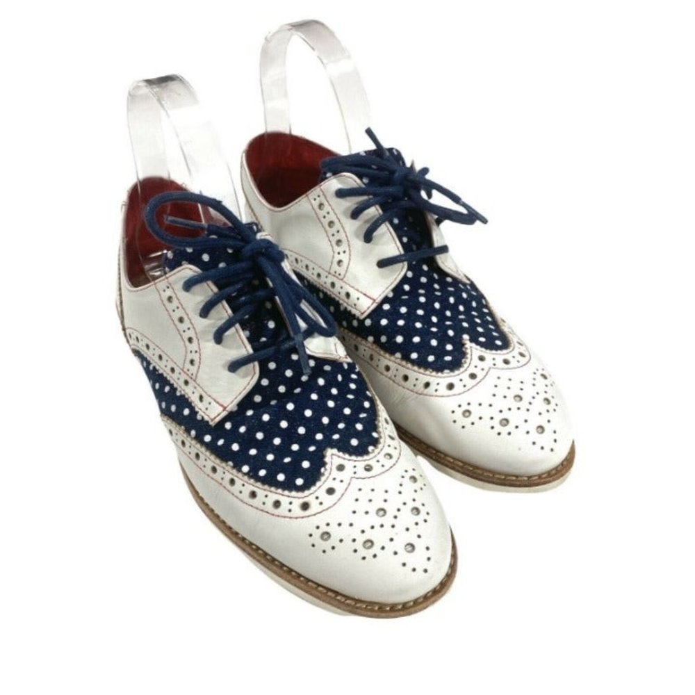 Johnston & Murphy Womens White Leather Blue Polka Dot Wing Tip Oxfords Sz 7.5